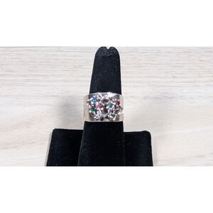 Vintage Silver Tone Floral Ring Multicolor Rhinestones Wide Band 7